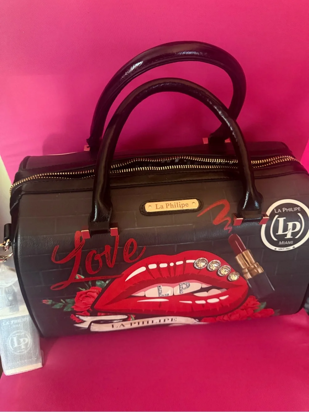 La Philipe Black Satchel with Red Lip Graphic